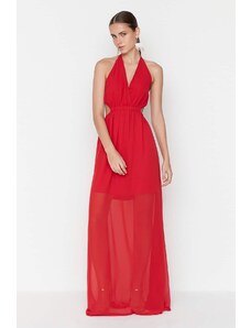 Trendyol Red Back detailné dlhé večerné šaty