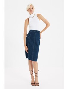 Trendyol Blue Stitch Detail Slit Midi Denim Skirt