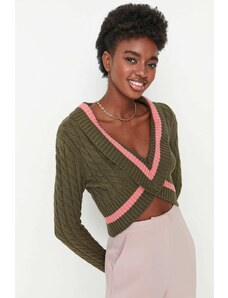 Trendyol Khaki Crop detailný pletený sveter