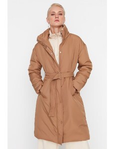 Trendyol hnedý oversize pásový prešívaný kabát