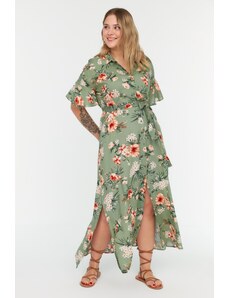 Trendyol Curve Zelené kvetinové tkané košeľové šaty