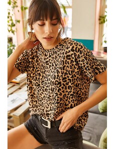 Olalook Dámske béžové leopardové pletené tričko so šnúrkou