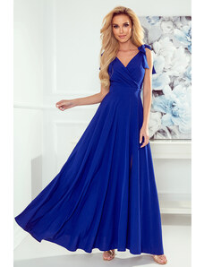 NUMOCO Dlhé modré šaty s výstrihom ELENA 405-2