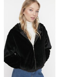 Trendyol čierny oversized plyšový kabát s kapucňou