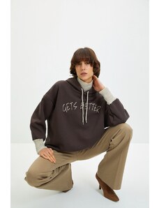 Trendyol Brown Thick Fleece Inner Tricot Tape Detailed Hooded Knitted Sweatshirt