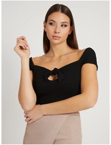 Black Women's Ribbed Cropped T-Shirt with Bow Guess Valeriana - Women