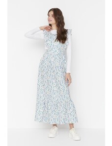 Trendyol Modest Modré chrumkavé kvetinové volánikové detailné tkané šaty