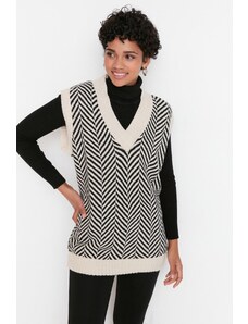 Trendyol béžový pruhovaný pletený sveter s výstrihom do V