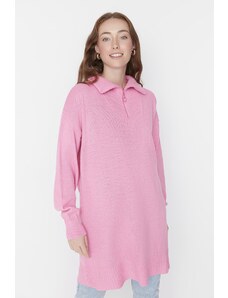 Trendyol Modest Ružový pletený sveter na zips s vysokým golierom