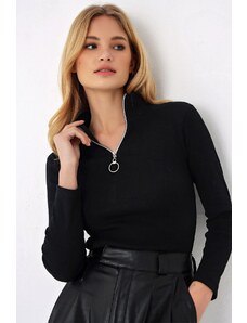 Trend Alaçatı Stili Women's Black Zipper Front Ribbed Halter Turtleneck Blouse