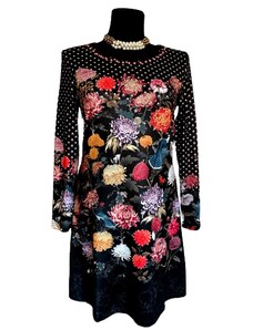 EU Design Eva šaty čierne dlhý rukáv vzor kvety