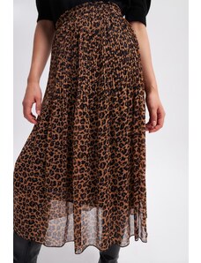 Gusto Leopard Patterned Pleated Skirt - Camel