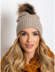 Fashionhunters Cap with braids and fur pompom, beige