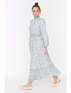 Trendyol Modest Modré kvetinové šaty s vysokým golierom v páse, detailne podšité šifónom tkané šaty