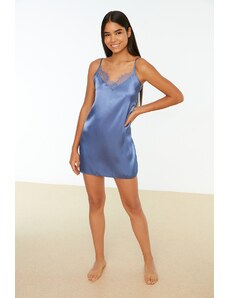 Trendyol Weave Blue Satin Nightgown with Lace Detail