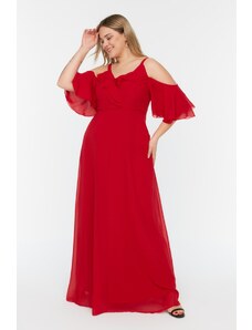 Trendyol Curve Červené tkané večerné šaty z šifónového dvojradového šifónu