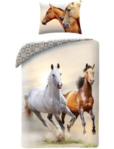 Halantex Bavlnené posteľné obliečky Kone - motív belák a hnedák - 100% bavlna - 70 x 90 cm + 140 x 200 cm