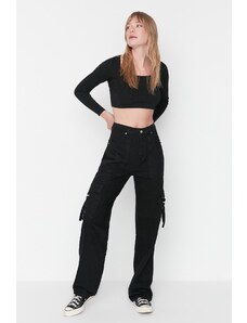 Trendyol Čierne džínsy s vysokým pásom so širokými nohavicami s nákladným vreckom