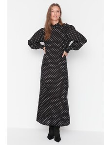 Trendyol Modest Čierny bodkovaný detail gombíka na ramene viskózové tkané šaty