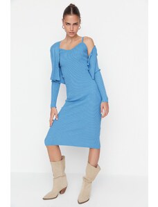 Trendyol Blue Modrý vypasovaný midi úplet Cardigan Dress Suit