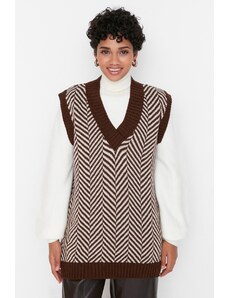 Trendyol hnedý pruhovaný pletený sveter s výstrihom do V