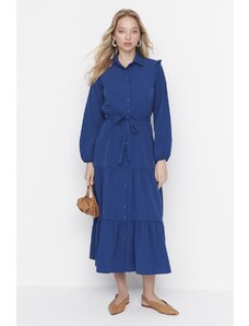 Trendyol Modest Námornícka modrá košeľový golier na ramene detailne tkané šaty so šnurovaním v páse