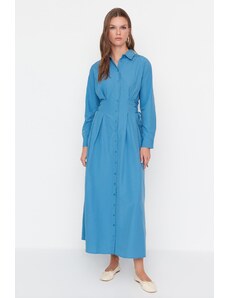 Trendyol Modest Modré tkané košeľové šaty s detailom v páse