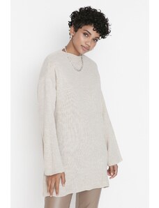 Trendyol Modest Béžový pletený sveter s výstrihom bez vzoru