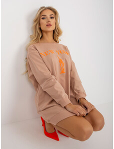 Fashionhunters Beige and orange long oversized sweatshirt with print