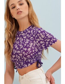 Trend Alaçatı Stili Women's Purple Patterned Blouse with Pleats