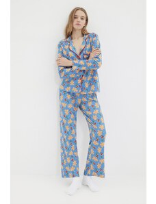 Trendyol Blue Pletené pyžamo so 100% bavlnenou vianočnou tematikou