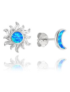 MINET Strieborné náušnice SUN a MOON s modrými opálmi
