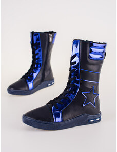 Girls' leather ankle boots with high upper Shelvt navy blue