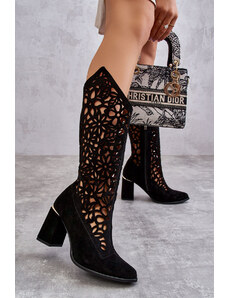 Lewski Shoes Semišové vysoké čierne čižmy s kvetinovým dierkovaným vzorom na vysokom stĺpikovom podpätku