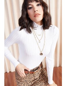 Olalook Women's White Half Turtleneck Shiny Textured Knitwear Sweater