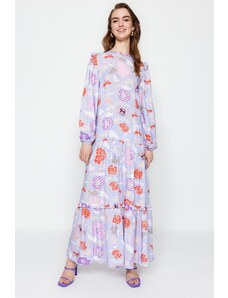 Trendyol Lila kvetinové vzorované tkané šaty s volánikmi na ramene