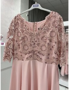 Dlhé ružové krajkové šaty s 3/4 rukávom CRYSTAL