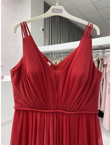 Dlhé červené šaty s trblietkami na trojité ramienka