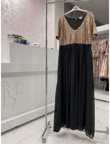 Dlhé šaty s čiernou šifónovou sukňou a flitrovaným vrchom v zlatej farbe