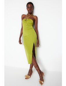 Trendyol Light Green Fitted Lined Elegant Evening Dress with Knitted Window/Cut Out Detail