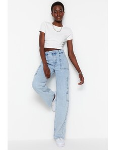 Trendyol Collection Svetlomodré džínsy so širokými nohavicami a vysokým pásom a vreckami