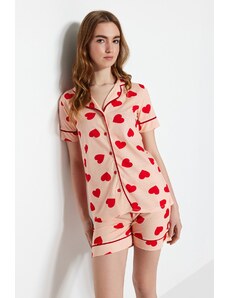 Trendyol Collection Lososová 100% bavlna so srdiečkovým vzorom Detailné tričko-šortky Pletené pyžamové súpravy