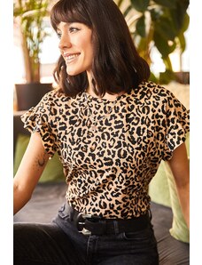 Olalook Dámske košieľkové tričko s leopardím rukávom a rukávmi