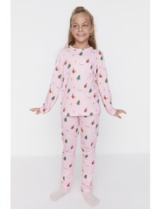 TRENDYOLKIDS Ružová súprava dievčenského pleteného pyžama s potlačou