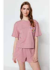 Trendyol Collection Ružová 100 % bavlna Slogan Tričko s potlačou-Šortky Pletené pyžamá Súprava