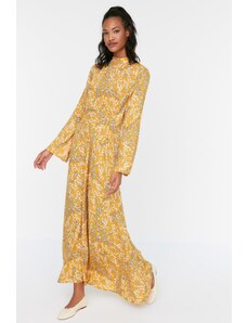 Trendyol Modest Horčicové kvetinové vzorované pásové šaty Gather Detailed