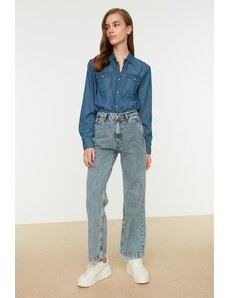 Trendyol svetlomodré džínsy so 100% bavlnou s vysokým pásom a zapínaním na gombíky