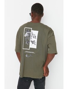 Trendyol Collection Khaki oversize/široký výstrih Crew Neck Flower Potlačený 100% bavlnené tričko