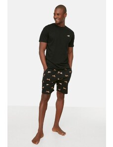 Trendyol Collection Čierna súprava pleteného letného pyžama Regular Fit s potlačou a šortkami