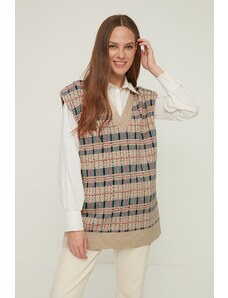 Trendyol Modest Kamenný pletený sveter s výstrihom do V